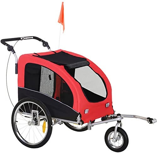 PawHut Rimorchio Bici per Cani Taglia Media a 2 Ingressi in Tessuto Oxford e Acciaio, Carrello per Cani con Finestrelle e Tettuccio Apribile, 126-155x83x108 cm, Rosso