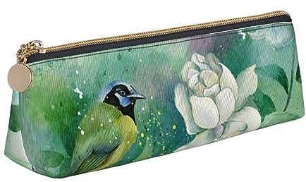 Gardenia Federmäppchen aus Leder mit Blumen und Vögeln, schlankes Design, Stifttasche mit metallischem Reißverschluss, Größe für Studenten, Büro, Uni, Mittelschule, weiß, Einheitsgröße,