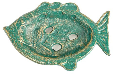 Sungmor Heavy Duty Cast Iron Soap Holder, Vintage Bar Tray for Kitchen Bathroom Sink, Lovely Fish Shape & Antique Green Sponge Dish Soap Tray, Decorative Jewelry Holder Tabletop Container