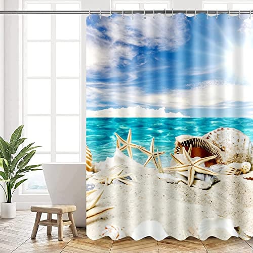 AMDXD Rideau de douche, 80 x 180 cm, motif mer, plage, vagues, étoile, corne de Triton, pour salle de bain, bleu, lavable, pour salle de bain