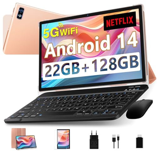 Tablette 2025 Nouvelle Tablettes 10 Pouces Android 14 avec 20Go RAM 128Go ROM 5G+2.4G WiFi, GPS, Octa-Core 2.0Ghz, GMS, 8000mAh, Widevine L1, BT5.0, Tablette Tactile avec Clavier| Souris| Etui-Or Rose