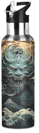 Niigeu Dragon Porte-Bonheur Chinois Vintage Bouteille d'eau Isotherme avec Paille en Acier Inoxydable Gourde, Sans BPA Gourdes Eau pour Enfant Sport Randonnée École Bureau (600ml/1L)