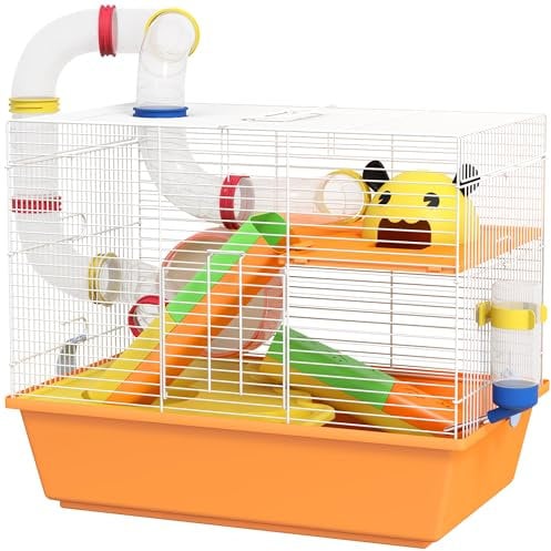 PawHut Hamster Cage, 3 Tiers Gerbil Cage for Dwarf Hamsters with Tubes, Ladder
