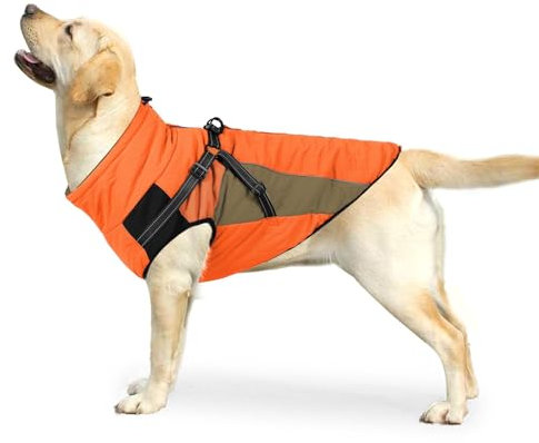 EUTYRG Wintermantel für Hunde mit Geschirr, warme Hundejacke für mittelgroße und große Hunde, modischer Hundemantel für kaltes Wetter mit verstellbarem Pelzkragen (Orange M)