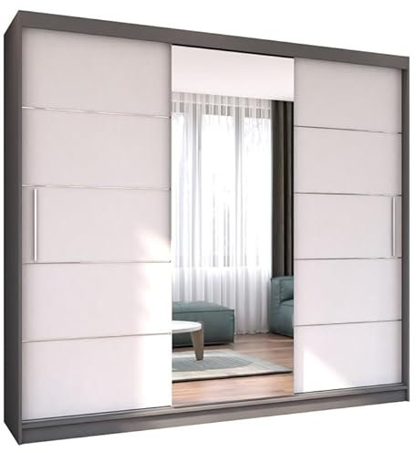 Easy4You Astra Grau/Weiss Schiebetürenschrank Kleiderschrank 233x218x61 cm mit Spiegel - Schlafzimmermöbel, Aufbewahrung – Mehrzweckschrank mit 2 Kleiderstangen