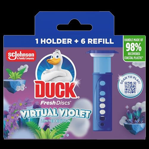 Duck Fresh Discs Toilet Cleaner Starter Kit, Fights Stains That Harbour Germs, Prevents Limescale Build Up, Virtual Violet, 1 Holder + 1 Refill Tube