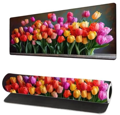 Grand Tapis de Souris XXL 900x400x3mm, Tapis de Souris Gamer Fleur avec Surface en Antidérapant Résistant à l'eau Tapis de Bureau Mouse Pad Tulipe, sous Main Souris à Bords Cousus pour Bureau Z-1