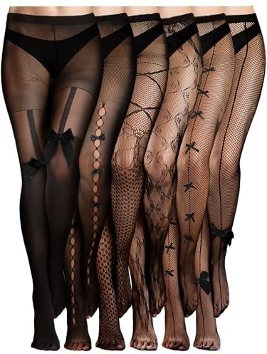 Bencailor 6 Paia Calze a Rete Donna Collant con Fantasia a Fiocco Leggings a Rete Gotici Halloween(Nero,S-M)
