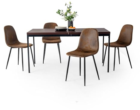 FurnitureR 5-teiliges Esszimmer Set, 150cm Vintage Effekt Küchentisch mit Heavy Duty Metallbeinen 4 Wildleder Tan braune Stühle,Esszimmer Restaurant Apartments