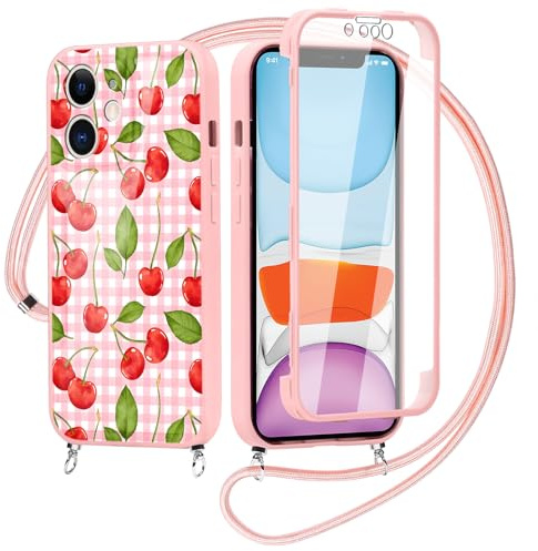 Yirlbey 360 Degré Coque pour iPhone 11 6,1 avec Cordon, Aesthetic Cherry Motif Housse Transparente Silicone Fille Etui avec Corde Lanyard Réglable Antichoc Case avec Protecteur d'écran, Rose Treillis