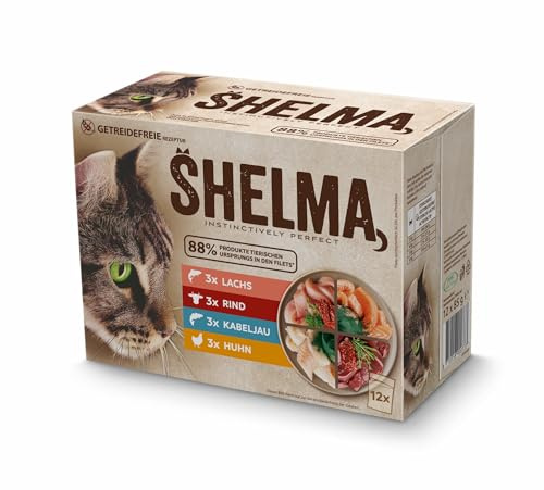 Shelma Katzen-Nassfutter Fleisch und Fisch Multipack mit den Sorten Rind, Lachs, Huhn und Kabeljau – Getreidefreies Alleinfuttermittel mit hohem Fleischanteil – 12 x 85 g (1,02 kg)