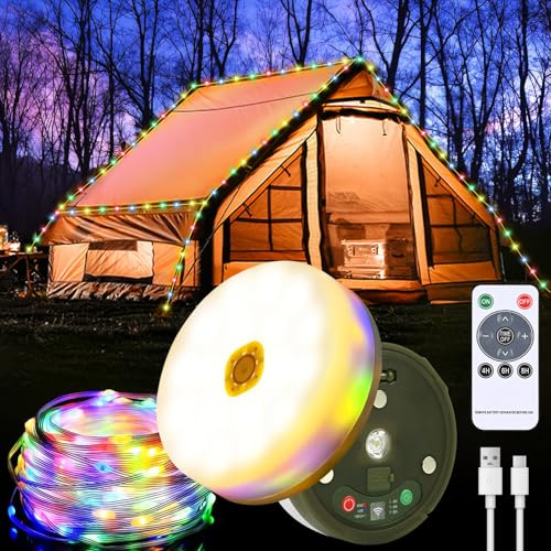Camping Lichterkette Aufrollbar, 10M Camping Lichterkette LED Mit 7 Beleuchtungsmodi, 1800mAh Lichterkette Vielseitige, USB Aufladung, IP44 Wasserdichte, für Weihnachtsbaum, Dekoration(Farbiges Licht)