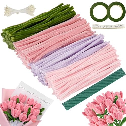 Rosa Tulip Bouquet Pfeifenreiniger Set, 400 Stück in 4 Farben zum Basteln, Pfeifenreiniger Blumen-Set, mit 20 Stück Grünem Bastelfaden, Geschenkband, Klebeband