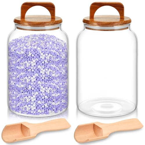 SiliFine 4 Stück 1,8 l Glas-Wäschebehälter mit Griff und Schaufeln | 2 Stück Waschküchen-Organisationsgläser, 2 Mehrzweck-Holzlöffel, Glasperlen-Behälter-Set für Pulver, Kapseln