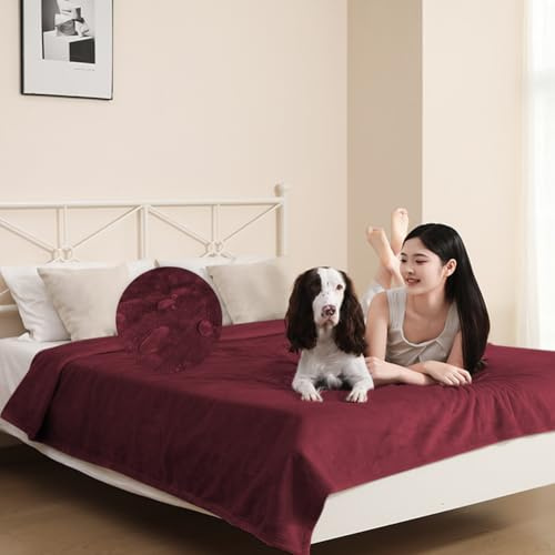 DUJUIKE wasserdichte Decke, wasserdichte Hundedecke, Bettdecke, wasserdichte Sofadecke, Hautfreundlicher Flanellstoff, Geeignet für Hunde, Katzen, Campingteppiche (Weinrot, 202x232cm)