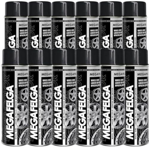 DECO COLOR 12er Sparpack MEGAFELGA 500ml - Felgenlack - Lackspray für Alufelgen und Stahlfelgen (12 Dosen 500ml Felgenlack Schwarz Glanz)