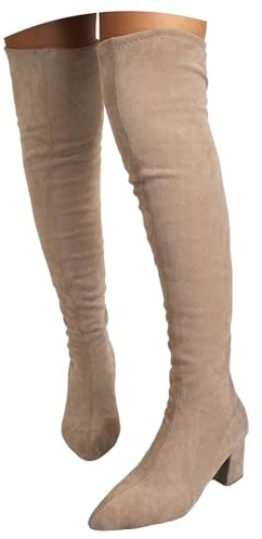 Xbemkste Stivali sopra il ginocchio da donna con tacco, eleganti stivali lunghi al ginocchio, stivali alti in pelle scamosciata, tacco elasticizzato, facili da indossare