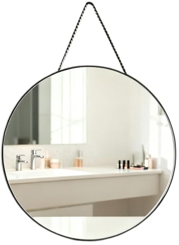 Numjeg Wall-Mounted Black Round 40CM Vanity Mirrors Hanging Rope Mirror Bedroom Circular Decorative Bathroom Living Room Home Decor