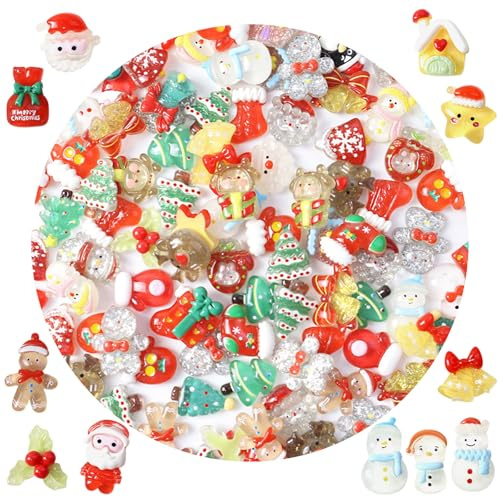 TYXHXTF 60 Pezzi Miniatura Natalizi Resina Ciondoli con Retro Piatto Mini Decorazioni Statuette Albero di Natale Pupazzo di Neve Ornamenti per Fai da Te (Aleatorio, Luminoso)
