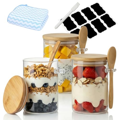 Siocok 3 Pack Glass Jars with Airtight Bamboo Lid and Spoon, 500ml Food Storage Airtight Container, Reusable Overnight Oats Jars, for Home Storage,Yogurt,Salad,Cereal, Nuts,Spice