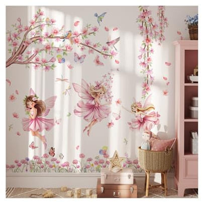 Wandtattoo Feen Blumen, Fee Schmetterling Libelle Vögel Rosa Wandaufkleber für Kinderzimmer, Rosa Blume Baum Zweig Wandsticker, Schlafzimmer Babyzimmer Wanddekoration
