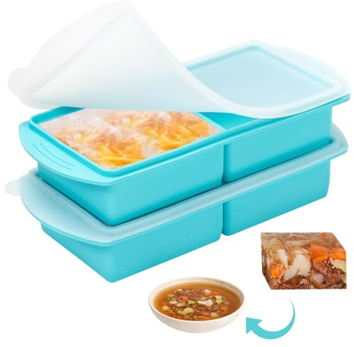 Kanzith 2 Pack Silicone Soup Containers and Freezer Moulds Trays | Food Freezer Trays with Lid, for Batch Cooking, Broth, Sauce and Ice
