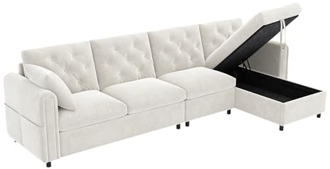 kozamas Ecksofa Samt mit Stauraum & Schlaffunktion – L-Form Sofa mit Knopfheftung & Magazintaschen, großes Schlafsofa mit verstellbarem Eckbereich, Polster Couch für Wohnzimmer, 281x132x86 cm – Grau
