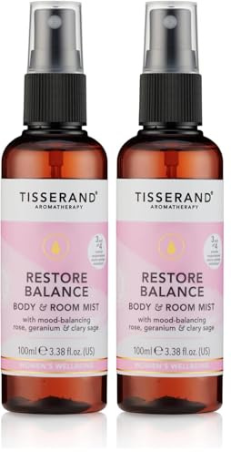Tisserand - Restore Balance Body & Room Mist - Perimenopause, Menopause & Menstruation Support for Women - Rose, Clary Sage & Geranium 100% Natural Essential Oils - 100 ml (Pack of 2)