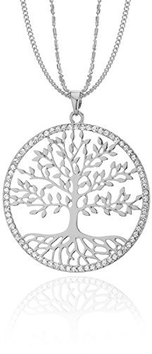 Collana a catena lunga per donna, collana con pendente Celtic Albero della vita Collana in oro o argento con cristallo (Placcato argento)