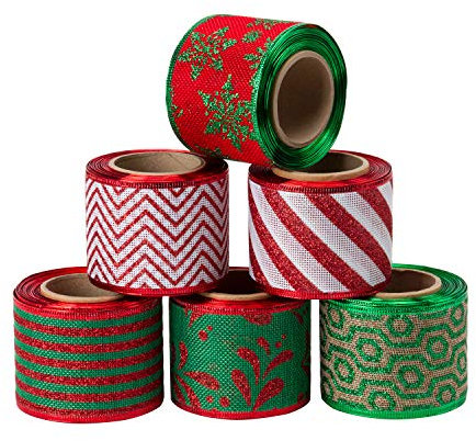 RUSPEPA Weihnachten Burlap Wired Ribbon - Edged Fabric Ribbon Set Dekorative f¨¹r DIY Handwerk und Geschenkverpackung - 6 Roll - 63 mm x 5 Yard Spool - Red & Green