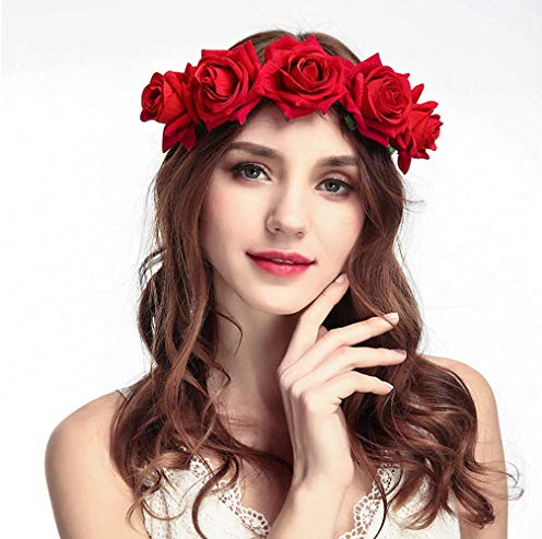 Rose Blume Stirnbänder,Halloween Rose Blume Stirnband,Rose Blume Haarspange für Hochzeit Braut Brautjungfer Party Festival(Rot)