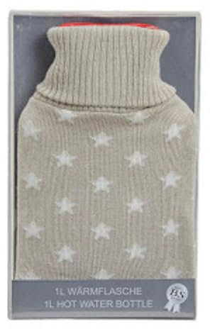 Wärmflasche im Strickbezug, Motiv Sterne CREME cremefarben, ideal auch als Wärmekissen, Bezug abnehmbar, 1 Liter Füllmenge, Maße 26 x 16 x 3 cm, Farbe Cremeweiß
