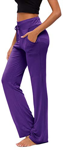 OURCAN Damen Yoga Hose Mit Taschen Breites Bein Kordelzug Lose Gerade Lounge Laufen Workout Modale Hose Aktive Freizeit Jogginghose (Dunkelviolett, L)