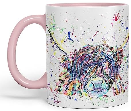 Vixar Tasse colorée en forme de vache des Highlands écossais, aquarelle, arc-en-ciel, cadeau, anniversaire, travail, bureau, Noël, thé et café (rose)