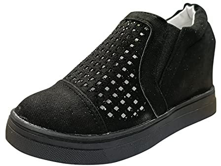 IQYU Damen Keilschuhe Wildleder Buchstabenmuster Lässige Turnschuhe Stiefeletten Damen Große Strass Einzelschuhe Innenhöhe erhöhen Schuhe