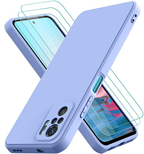 Oureidoo Hülle kompatibel mit Xiaomi Redmi Note 10S/ Note 10 4G, mit 3 Stück Panzerglas Schutzfolie, Handyhülle für Xiaomi Redmi Note 10S/ Note 10 4G Silikon gummiert, Handy Case in Violett