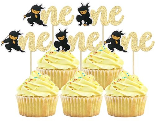 Gyufise 24Pcs Ninja One Cupcake Toppers First Birthday Cake Topper Karate Kung Fu Warriors Cupcake Picks for Ninja Theme Baby Shower Kids Boys Girls 1st Birthday Party Cake Decorations Supplies
