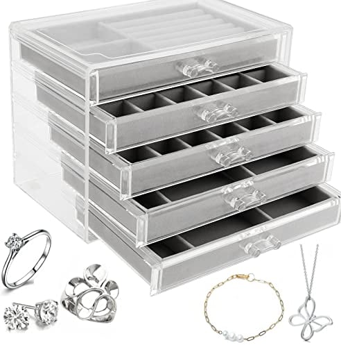 ZEONHEI 1 Stück Klarer Acryl Schmuckkasten, 5 Schubladen Transparent Verstellbarer Samt Schmuckaufbewahrung Organizer für Ohrringe Ringe Halsketten Armbänder Schmuck Display, 23.7 x 17.5 x 15 cm