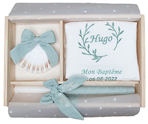 Kit de Luxe Personnalisé pour Baptême - Pack de Cierge décorée, Mouchoir et Coquillage Brodés - Coffret en bois avec le nom et la date du Baptême gravés - Modèle Bambule (Mint)