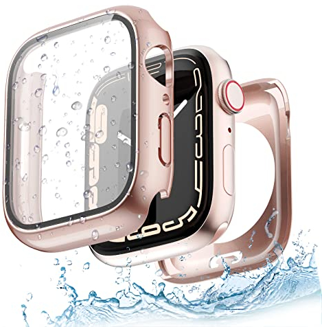 Yolovie 2 in 1 wasserdichte Hülle Kompatibel für Apple Watch SE SE2 Serie 6 5 4 40mm Zubehör, iWatch Glas Displayschutz PC Hard Schutz Case Schutzhülle+Hinterer Rahmenfür Damen Herren 40mm Roségold