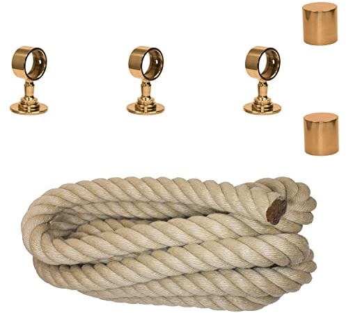 Handlaufseil Set 30mm - bestehend aus 2 Endkappen 3 Seilträger Messing glänzend und 3m Nature Touch Handlaufseil naturfarben