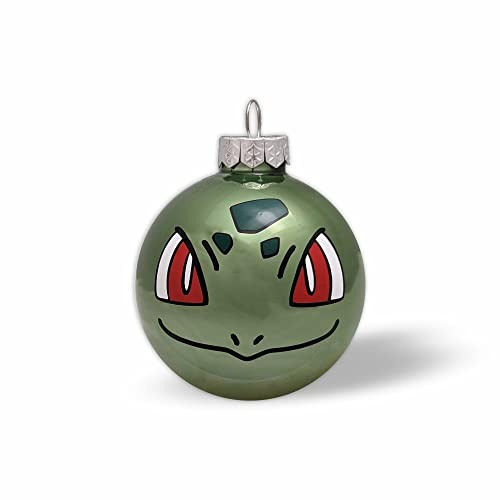 Arkero-G Grüne Bisasam-Face Weihnachtskugel 5,7cm - Christbaum-Schmuck - Deko für den Weihnachtsbaum - Glas Kugeln für den Christ-Baum