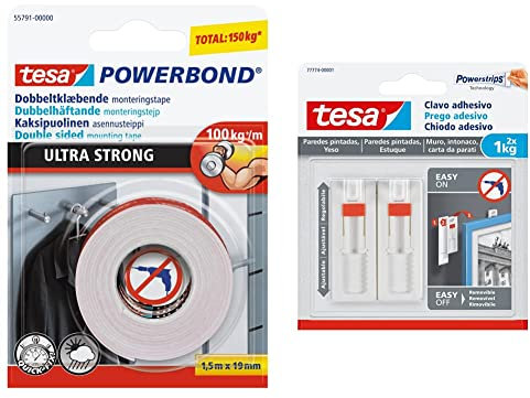 tesa Powerbond Ultra Fuerte: cinta de doble cara 1,5m x 19mm & Powerstrips - Clavo Adhesivo Ajustable para Yeso y Pared Pintada - Fuerza de Fijación hasta 1 kg con Tecnología Blanco