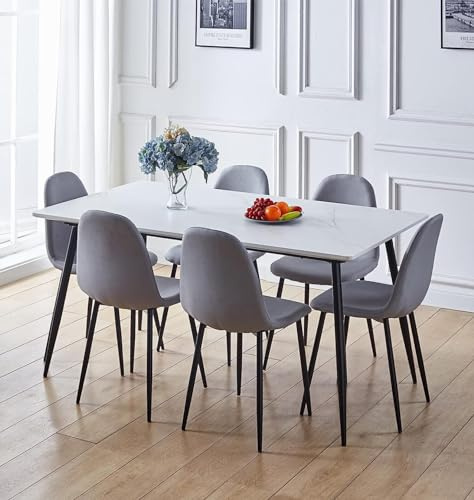 Hallowood Furniture Cullompton Large Dining Table and Chairs Set 6, 160x90 | White Marble Effect Top Kitchen Table and 6 Chairs in Grey Fabric Upholstery and Metal Legs, Dining Room Sets for Home & Café