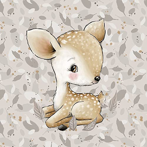 Keine Meterware, Stoffe zum Nähen für Kinder, 95% Baumwolle, 40x50cm: 1 French Terry Sweat Stoff Panel mit Baby Reh - Mädchen Sommersweat Kinderstoff mit Tiere - Waldtiere Babyliebe