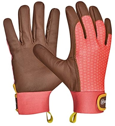 Gebol Lonicera | 1 Paar | Größe M (Gr 8) | Gartenhandschuh aus Echtleder und Recycling-Material | Klettverschluss für sicheren Halt | für Damen | rosa, braun