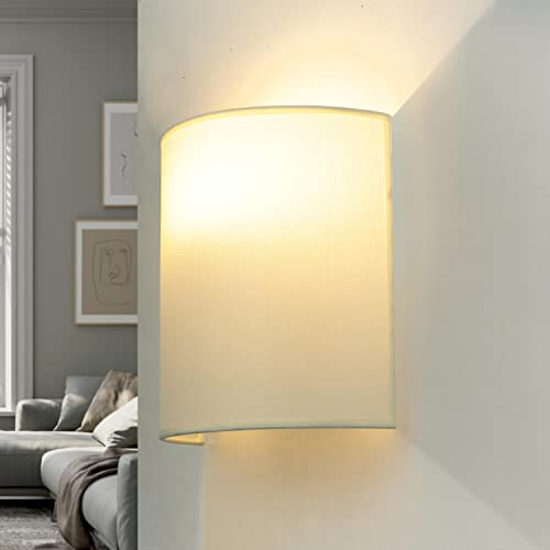 Wandleuchte Weiß Creme, Stoff Lampenschirm, Wandlampe E27, H:23 cm, Up Down Leuchte, blendarm, gemütlich, Wohnzimmer, Wandlampe Schlafzimmer