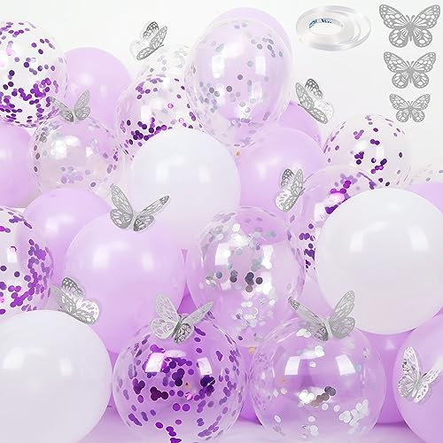 Set di 30 palloncini viola argento e adesivi a farfalla, 30 palloncini coriandoli da 30 cm, palloncini bianchi e viola con 12 adesivi a farfalla argentati per matrimoni, compleanni, decorazioni per