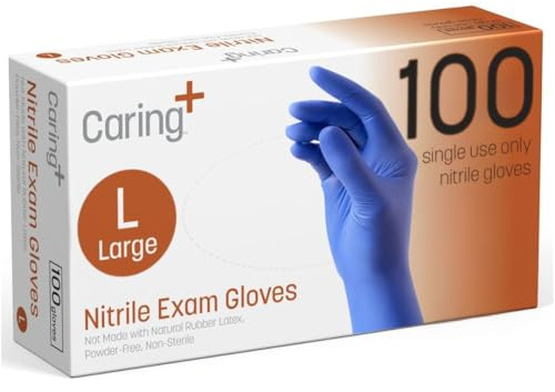 Caring Nitrile Exam Gloves (100ct), Powder Free and Not Made with Natural Rubber Latex, Gloves for Medical Use, Cleaning, Food Prep and More, Large