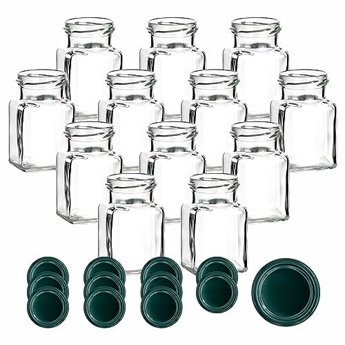 gouveo 12er Set Einmachgläser 150 ml eckig mit Schraub-Deckel grün - Kleine Vorratsgläser mit Schraubverschluss - Leere Gewürzgläser, Marmeladengläser, Einkochgläser, Einweckgläser